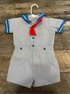 Vintage healthtex Light Blue Sailor Romper with Red Neck Tie size 18 months